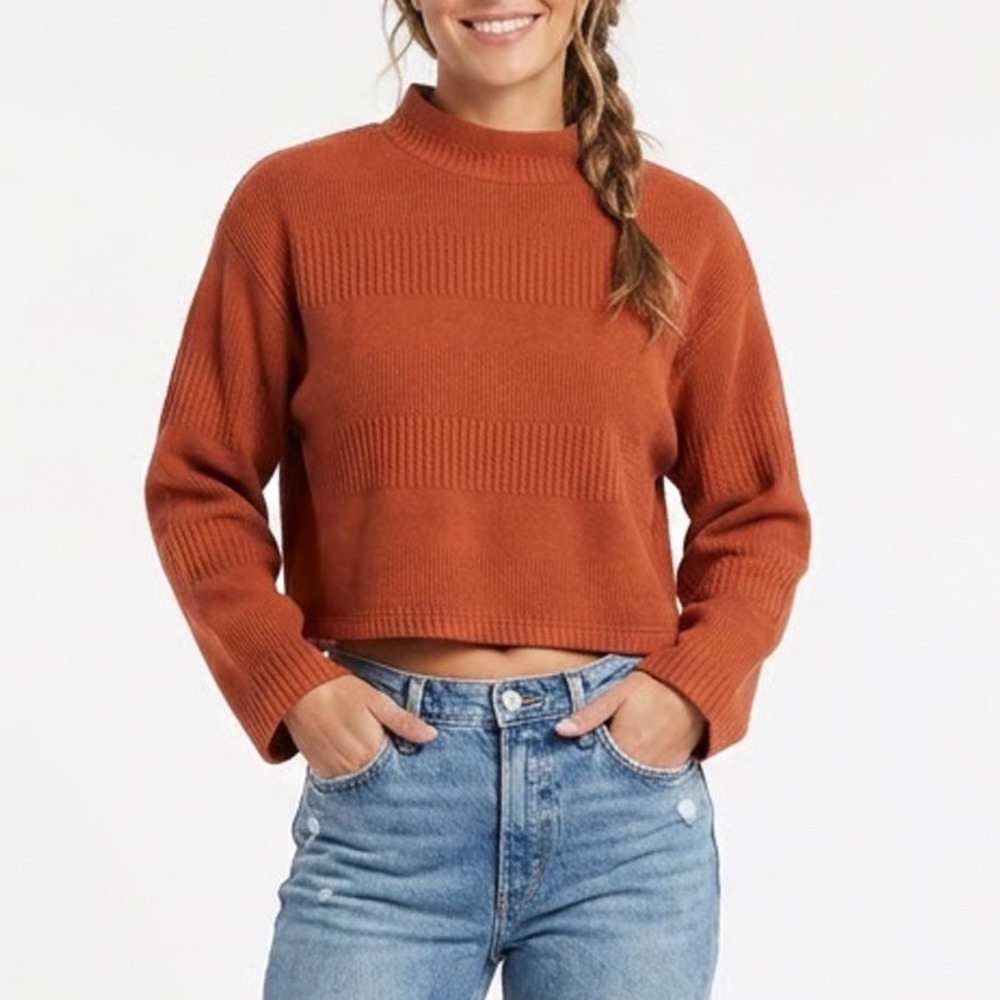 June & Hudson Rust Orange Textured Mock Neck Cropped Sweater XS Long Sleeve Boxy